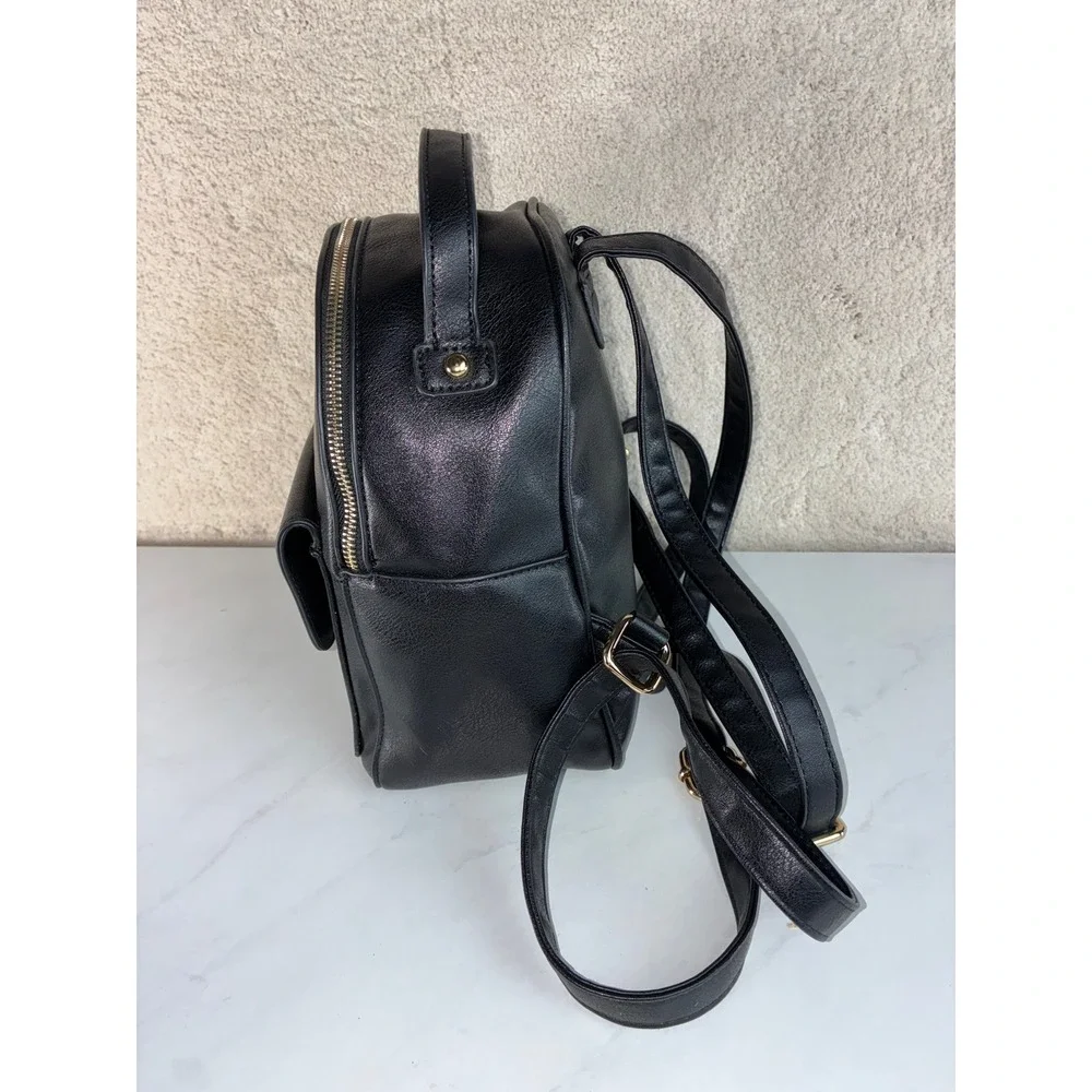 Black Faux Leather Mini Backpack - Small - Gold Hardware Chain Lining Chic Dark